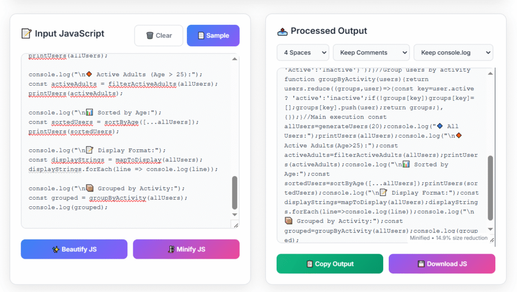 Screenshot showing the JavaScript Minifier And Beautifier tool with a sample 60-line JavaScript code loaded, highlighting both beautified and minified versions side by side for visual comparison and performance optimization