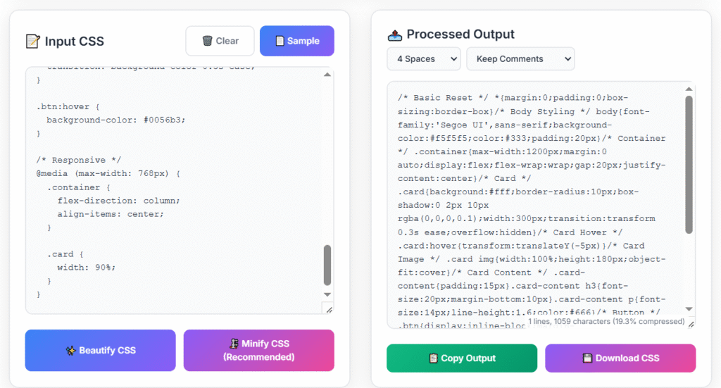 Screenshot of the CSS Minifier And Beautifier tool showing unformatted CSS on the left and beautified or minified output on the right for fast, client-side CSS optimization.