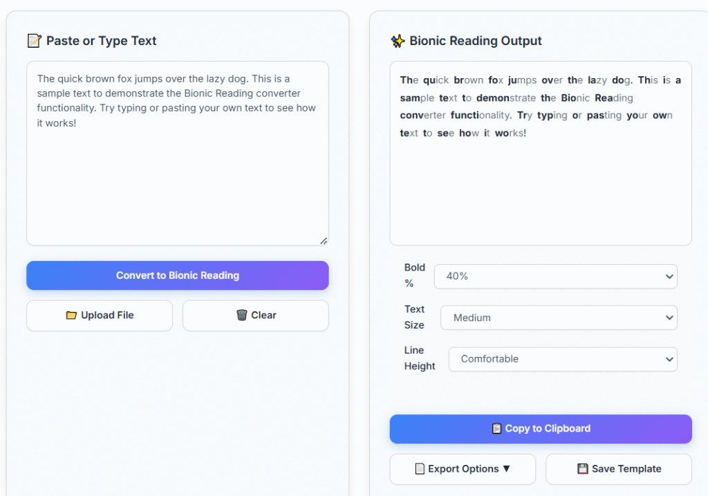 Screenshot of Bionic Reading Converter tool interface showing text transformation with bolded word segments for enhanced readability and faster comprehension.