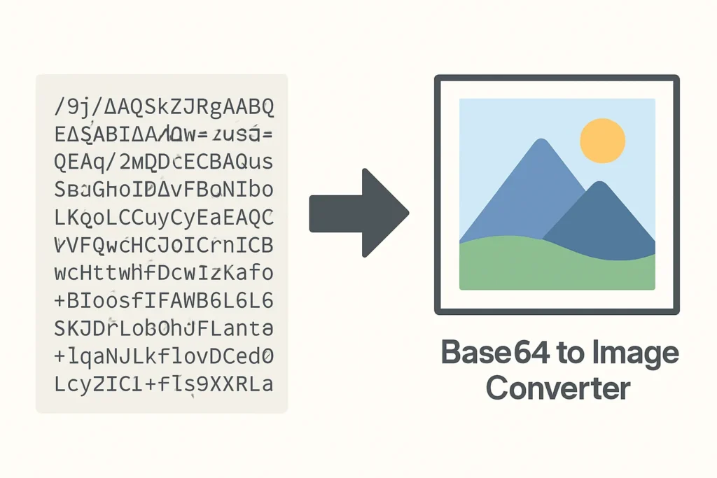 Illustration of Base64 to Image Converter showing Base64 code transforming into an image of mountains and sun.