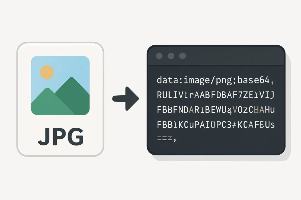 Illustration showing how an image is converted to Base64 using an Image to Base64 Converter tool, with a JPG icon on the left and Base64 code on the right.