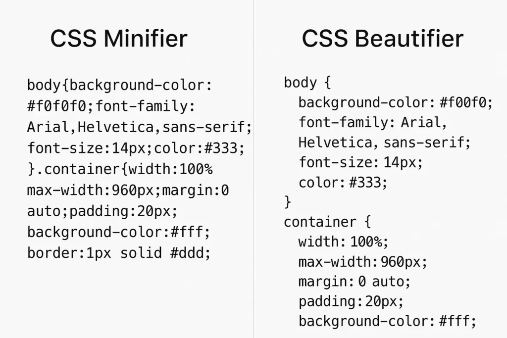 CSS Minifier and Beautifier - Side by side comparison showing minified CSS code on the left and beautified readable CSS code on the right.