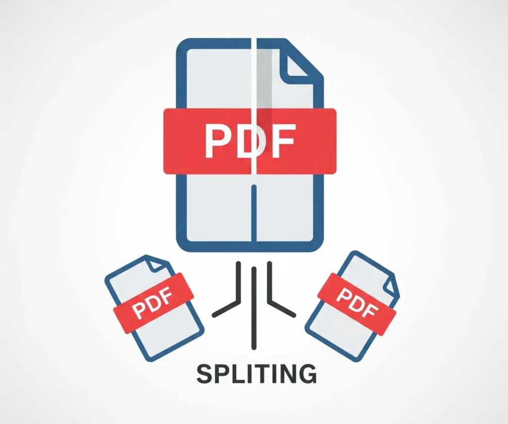 A graphic icon for a PDF splitter tool. It shows a large PDF document being split into two smaller documents, with the word 'SPLITTING' underneath