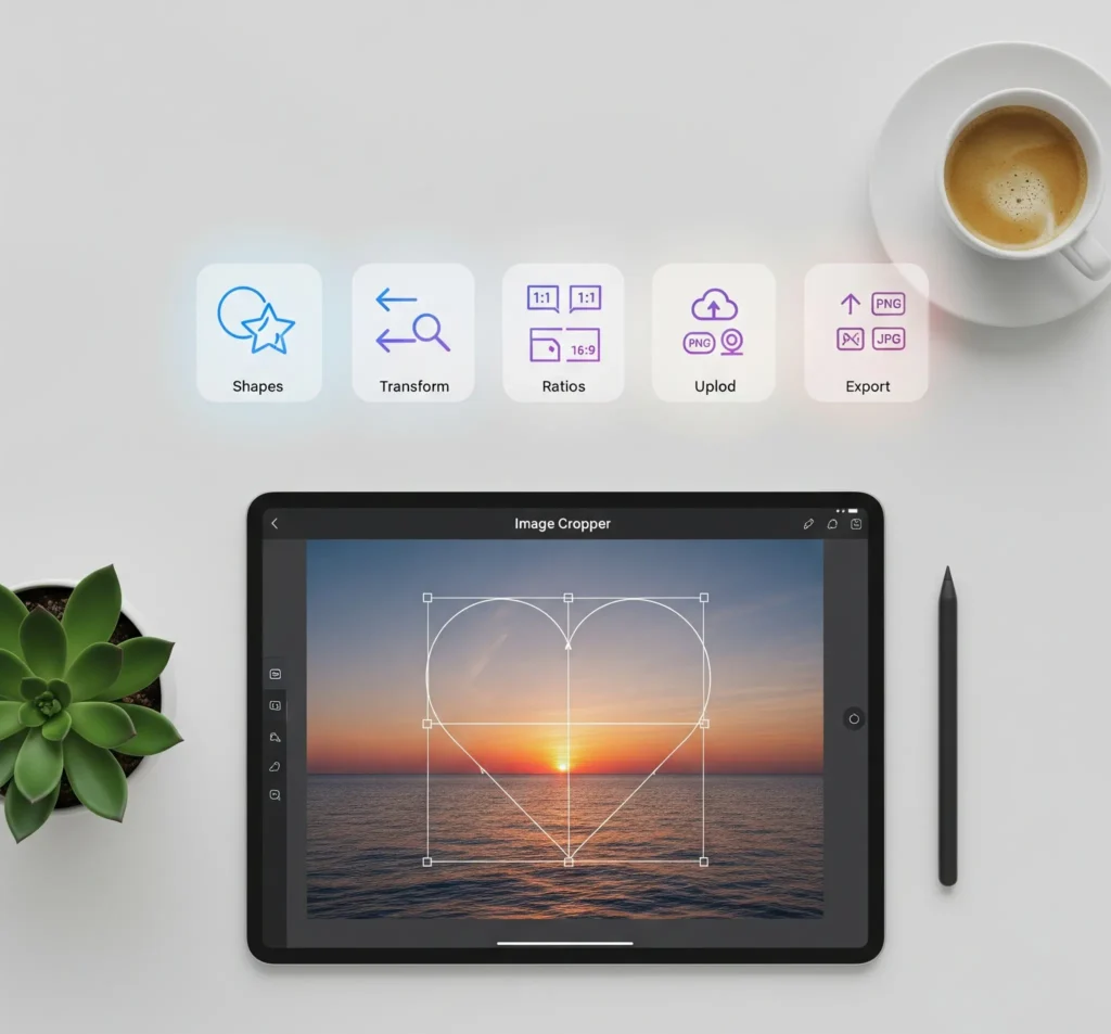 A tablet on a designer's desk displaying the Image Cropper tool cropping a photo into a heart, surrounded by floating icons for its key features like shapes, transform, and export