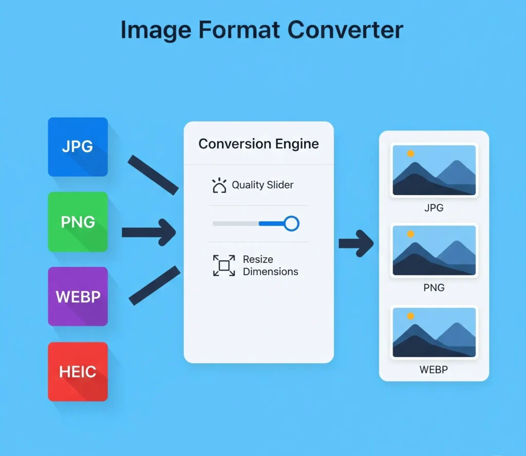 A vector diagram of the online Image Format Converter process, showing how to convert HEIC to JPG, resize images, and adjust quality. The illustration highlights the tool's function as a versatile photo converter for web optimization.