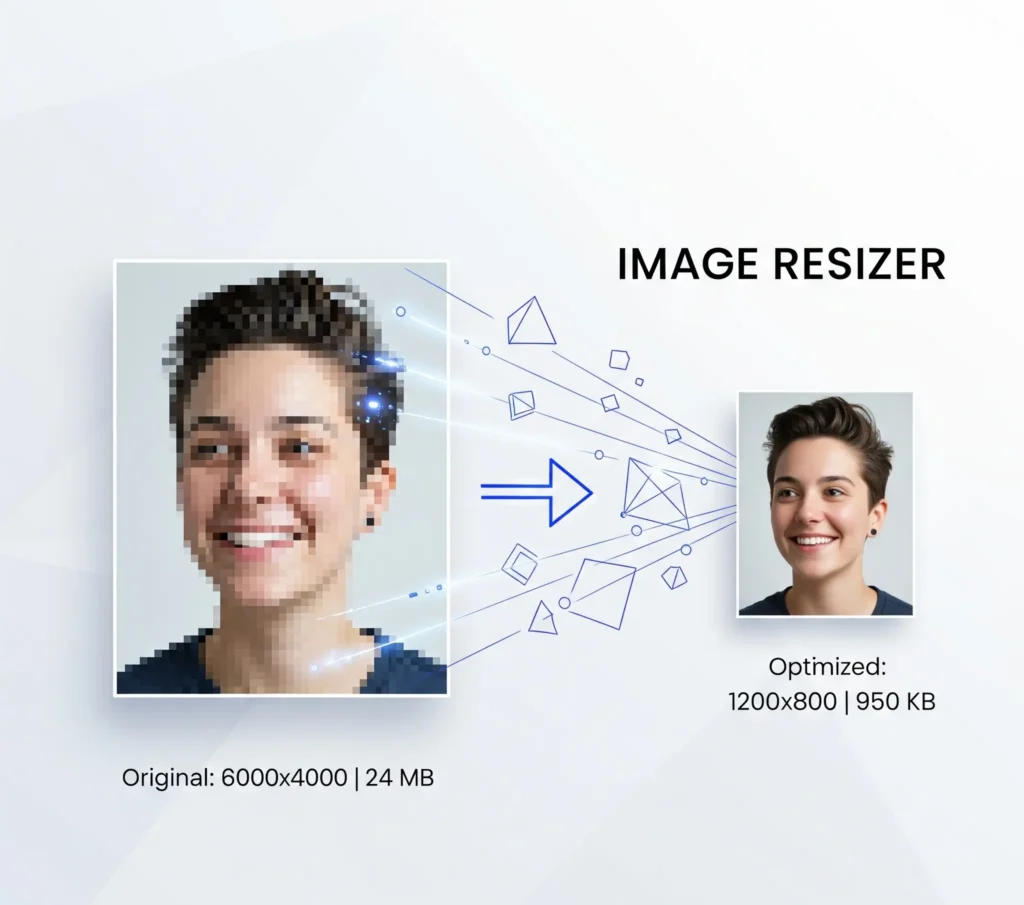 Comparison showing a pixelated original image of a person (6000x4000, 24MB) being processed by 'Image Resizer' into a clear, optimized version (1200x800, 950KB).