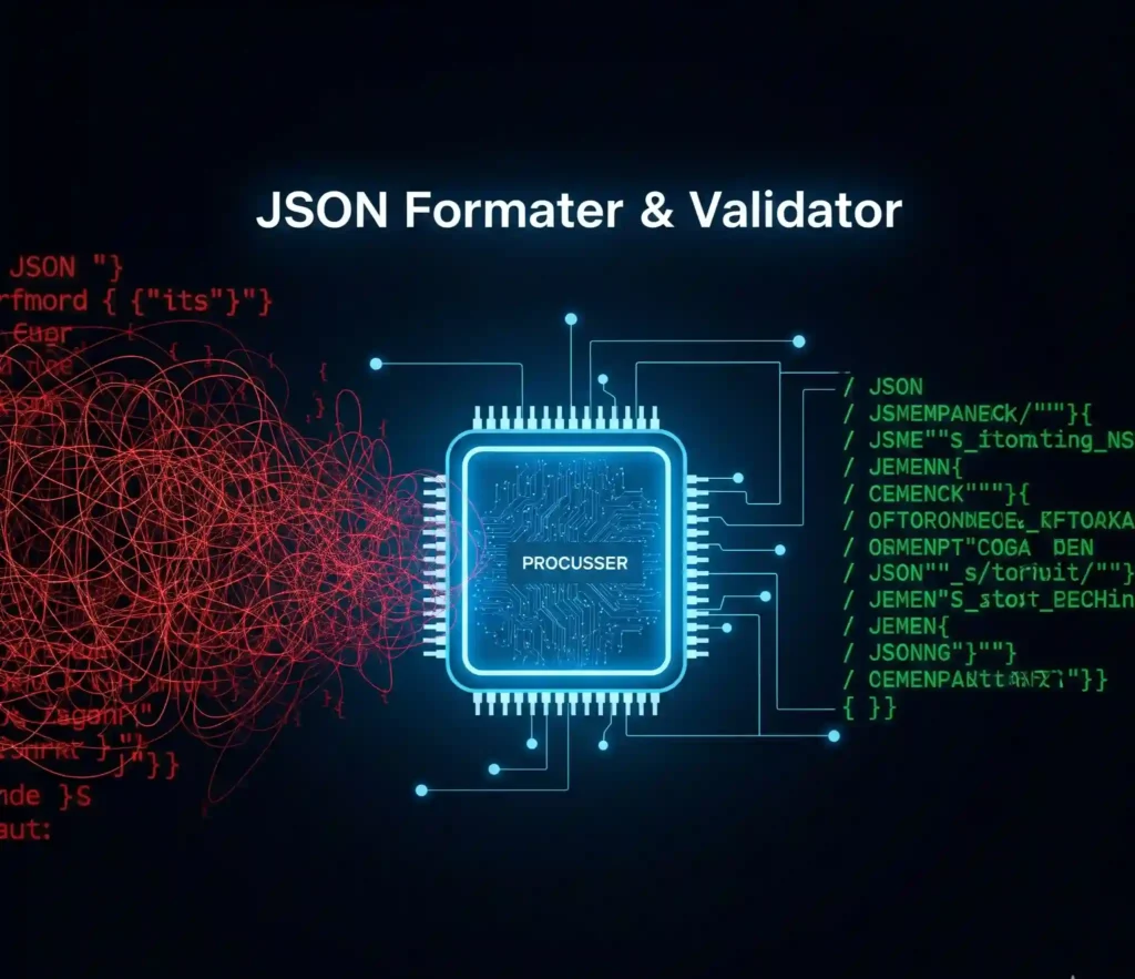 An abstract digital image representing the function of a JSON Formatter and Validator. It shows chaotic, red, unformatted JSON code on the left being processed by a glowing blue 'PROCESSOR' chip in the center, transforming into clean, green, well-structured JSON code on the right. The title 'JSON Formatter & Validator' is prominently displayed at the top.