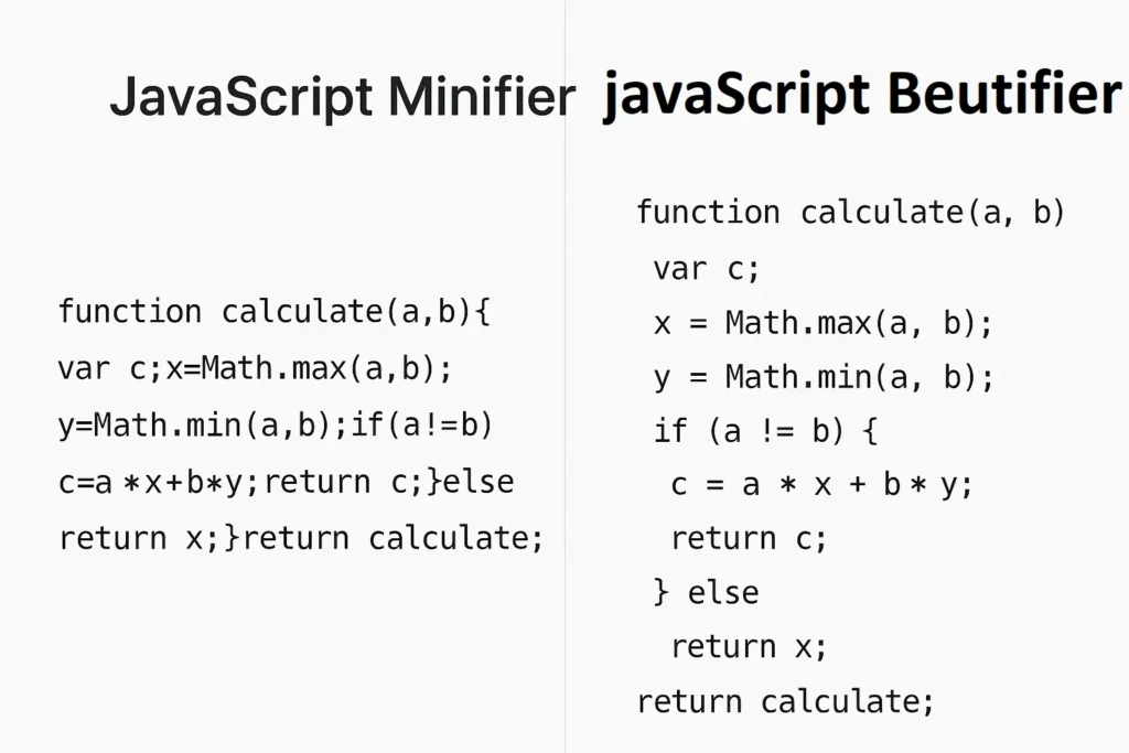 JavaScript Minifier and Beautifier - A side-by-side comparison showing compact minified JavaScript code on the left and a formatted, readable beautified version on the right with clear headings.