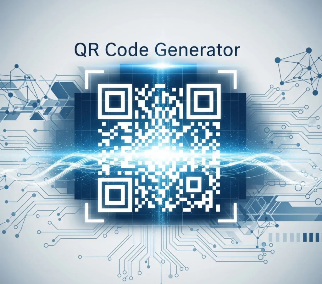 A professional illustration of a QR Code Generator in action. The image displays a sleek, glowing QR code on a digital background with network lines, symbolizing the creation of QR codes for websites, data, and modern technology.