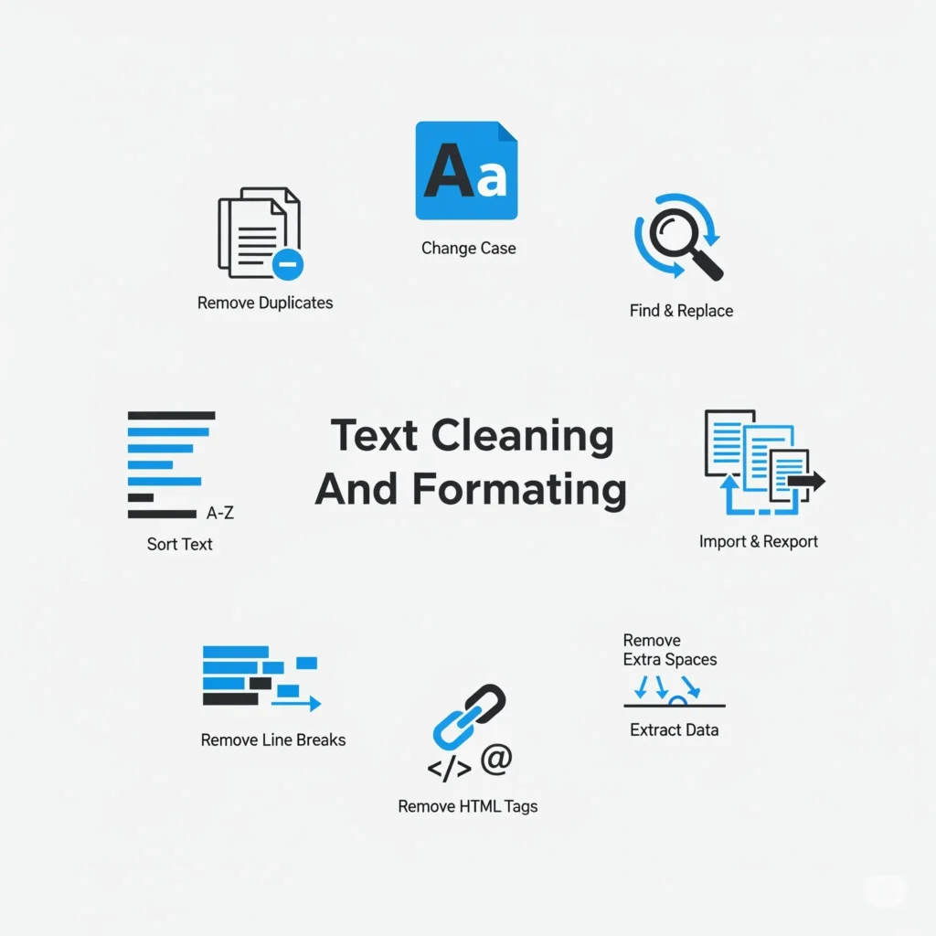 A circular infographic of features for the Text Cleaning And Formatting tool. Icons include Remove Duplicates, Change Case, Find & Replace, Sort Text, Import & Export, Remove Line Breaks, and Extract Data.