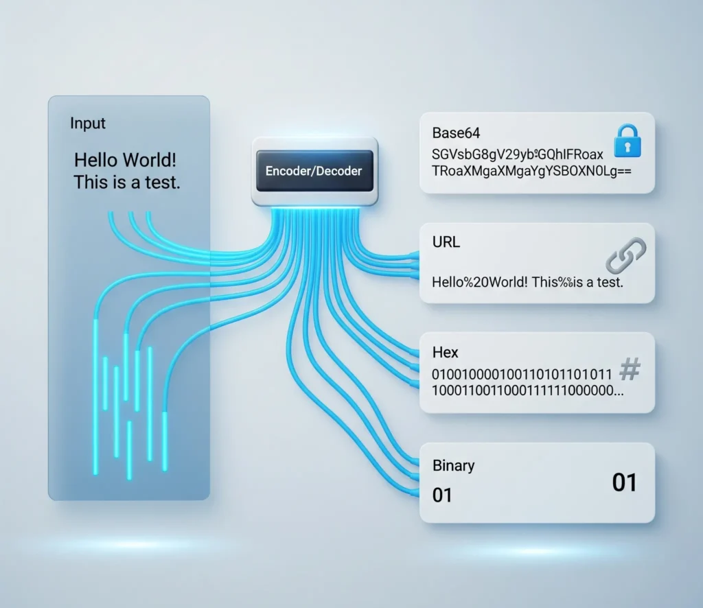 A 3D infographic for the Text Encoder Decoder tool, showing an 'Input' panel, a central processor, and 'Output' panels for Base64, URL, Hex, and Binary formats, all connected by data streams.