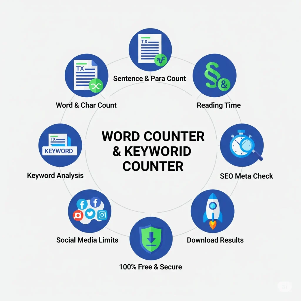 An infographic of the Word Counter & Keyword Counter tool, showcasing its 8 key features in a circle: Word & Char Count, Keyword Analysis, Reading Time, SEO Meta Check, Social Media Limits, and other analysis tools.