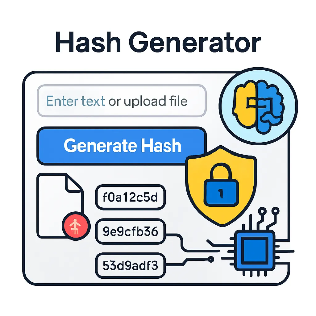 Illustration of a Hash Generator tool interface with text input, Generate Hash button, file upload icon, AI brain icon, security shield, and example hash outputs in a modern flat design style.