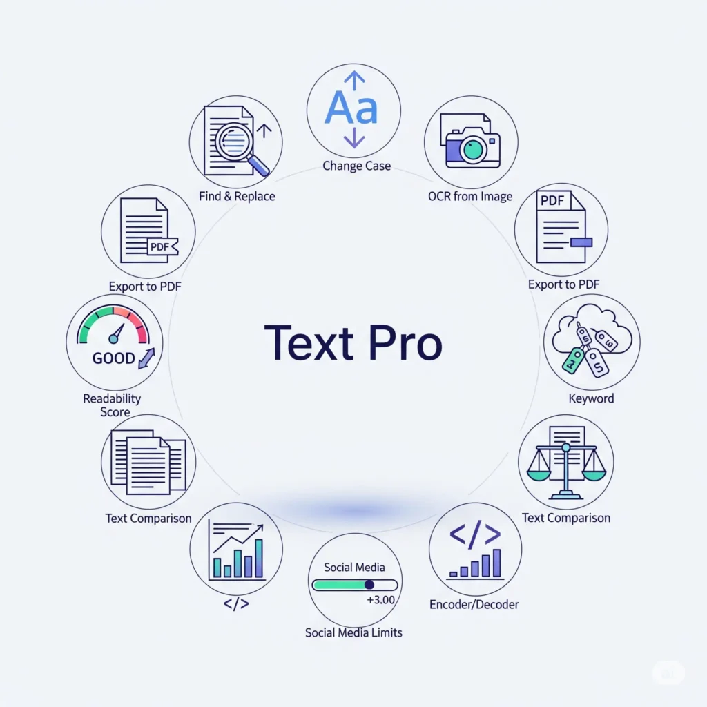 A hero graphic for the Text Pro tool, showing its logo surrounded by 10 icons representing its key features, including Find & Replace, Readability Score, OCR, Export to PDF, and Keyword Analysis. Advanced Text Editor